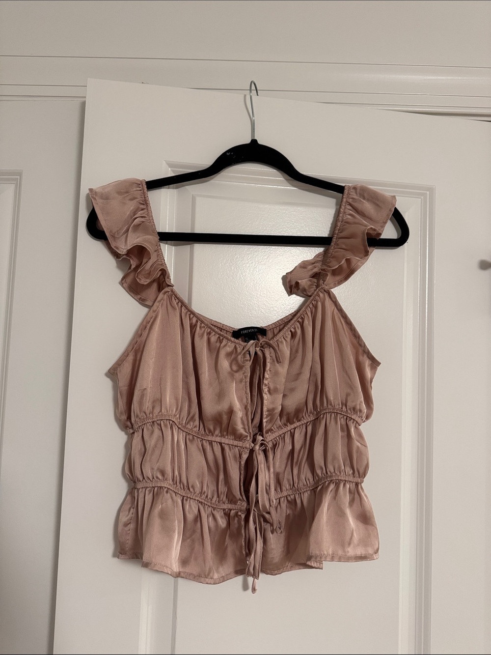 F21 Women’s L Pink Ruffle Strap Satin Tank Top